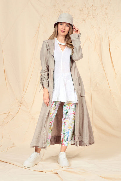 Hooded Gathered Sleeves Beige Linen Jacket