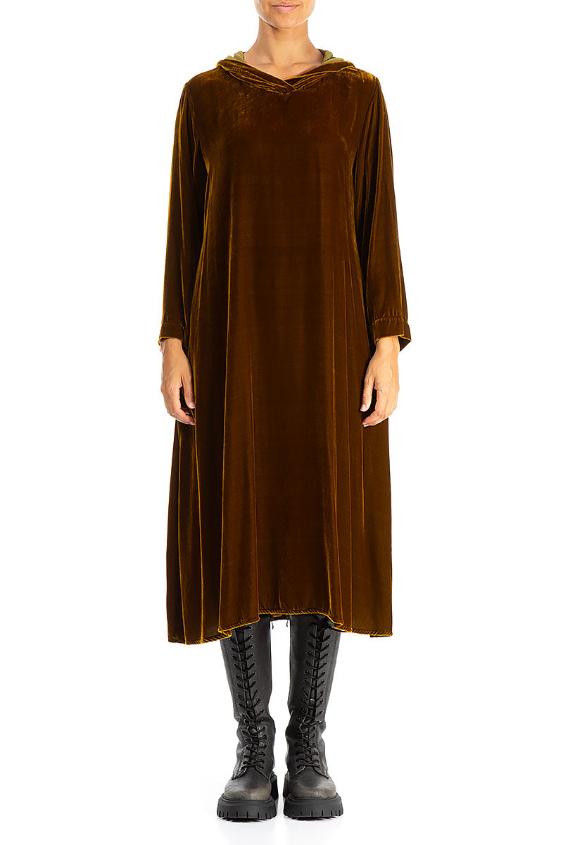 Hooded Golden Olive Silk Velvet Dress