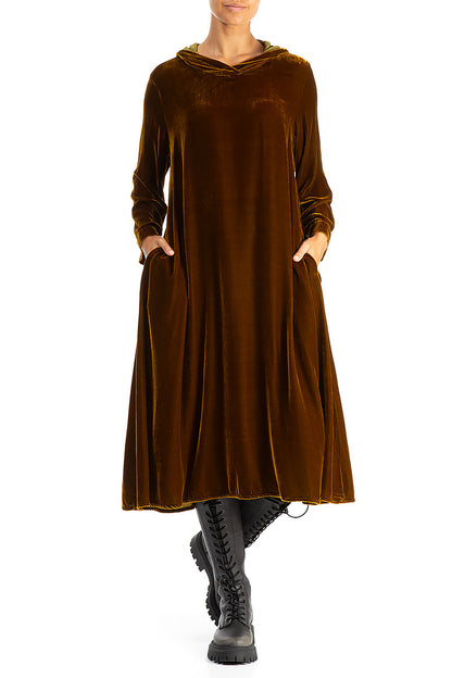 Hooded Golden Olive Silk Velvet Dress