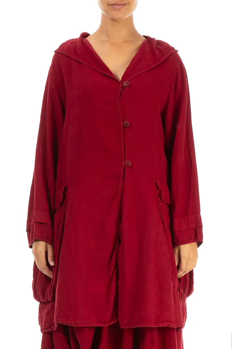 Hooded Large Pockets Dark Red Linen Jacket 1