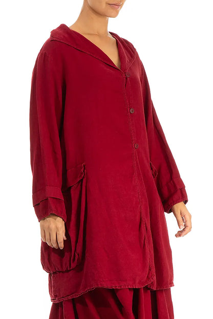 Hooded Large Pockets Dark Red Linen Jacket 3
