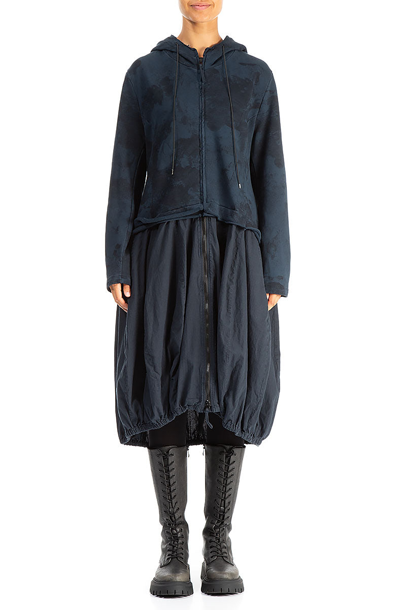 Hooded Midnight Blue Marble Cotton Jacket Dress