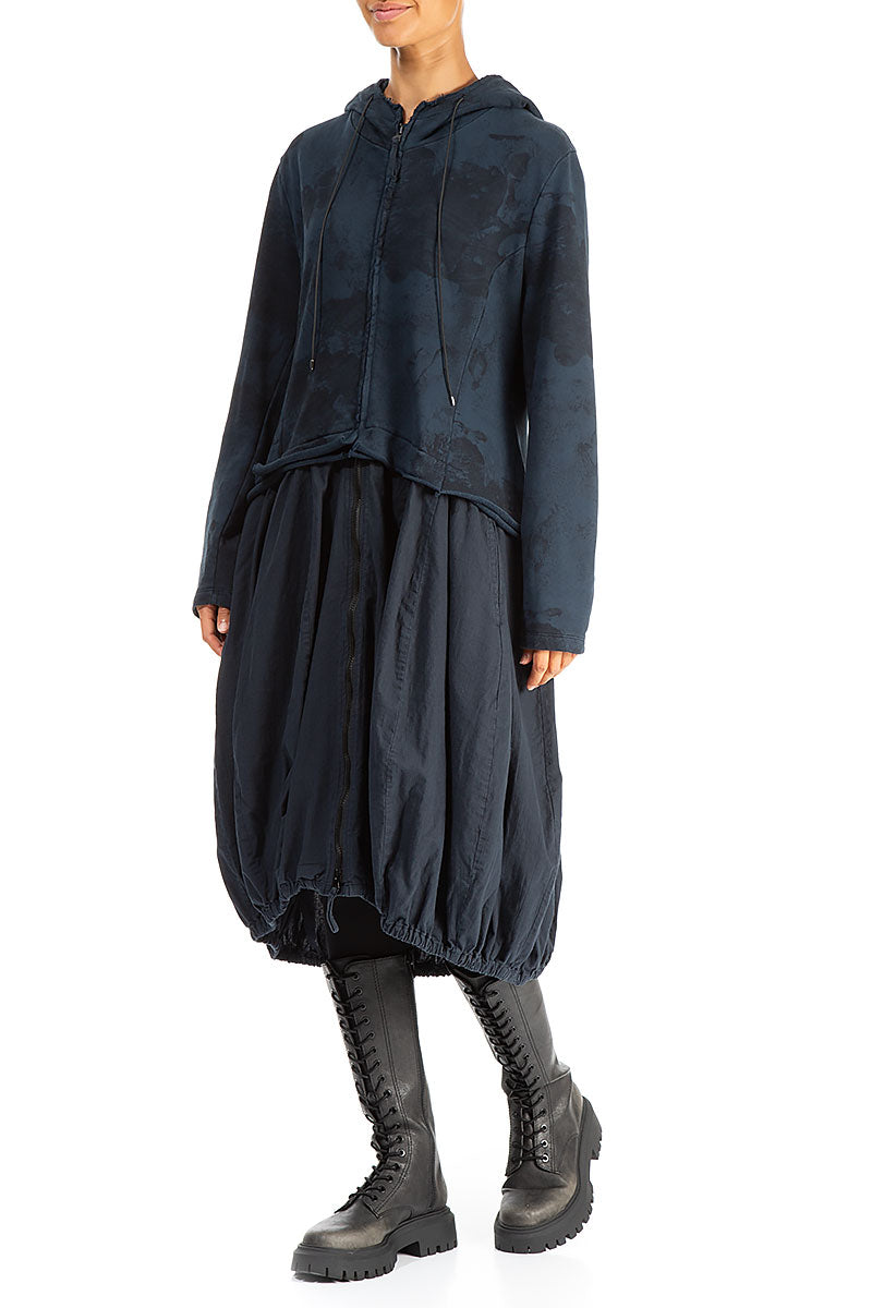 Hooded Midnight Blue Marble Cotton Jacket Dress