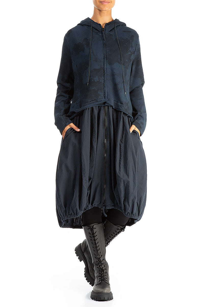 Hooded Midnight Blue Marble Cotton Jacket Dress