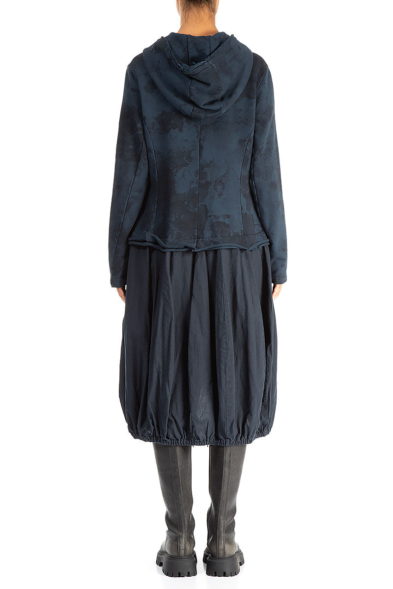 Hooded Midnight Blue Marble Cotton Jacket Dress