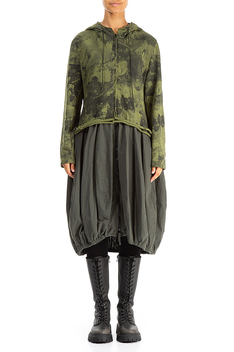 Hooded Olive Marble Cotton Jacket Dress