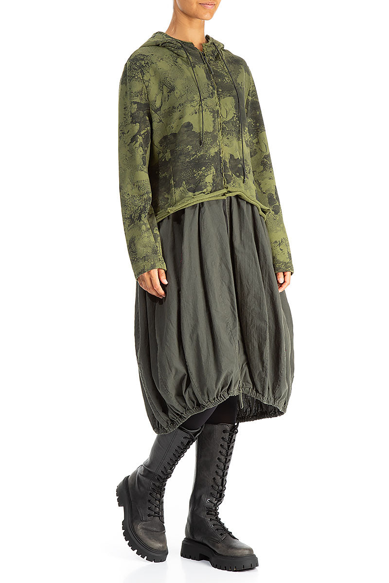 Hooded Olive Marble Cotton Jacket Dress