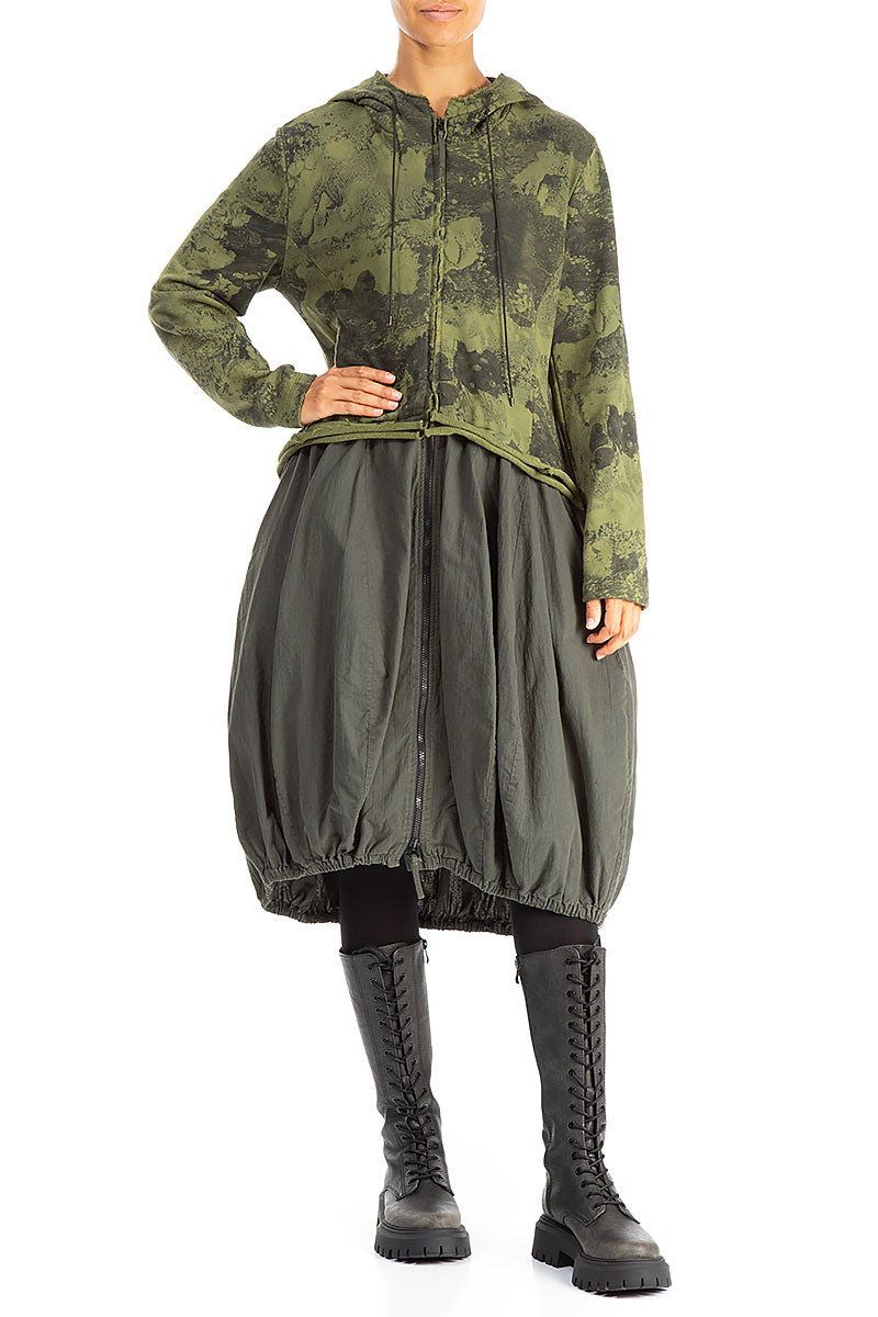 Hooded Olive Marble Cotton Jacket Dress