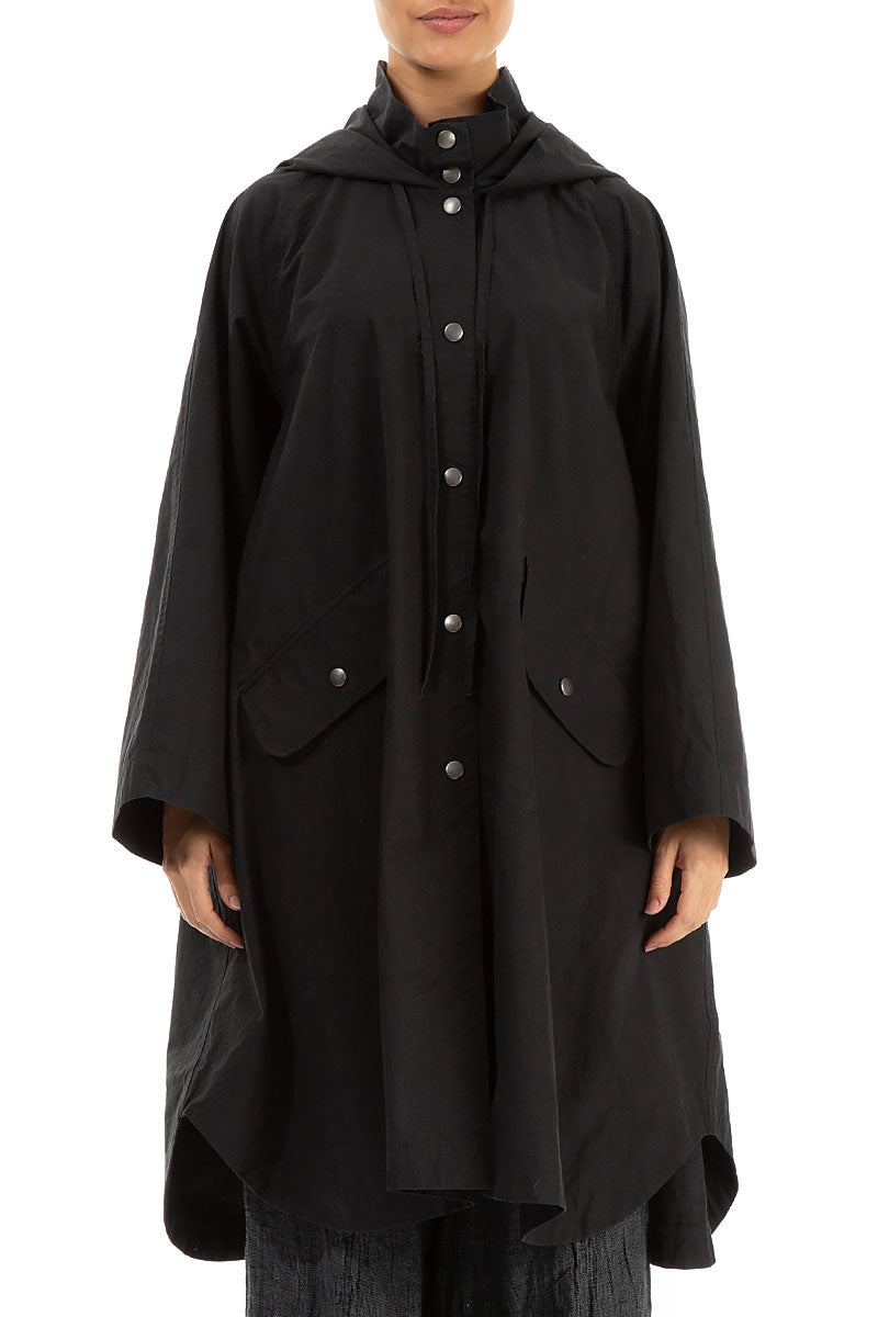 Hooded Oversized Black Cotton Coat