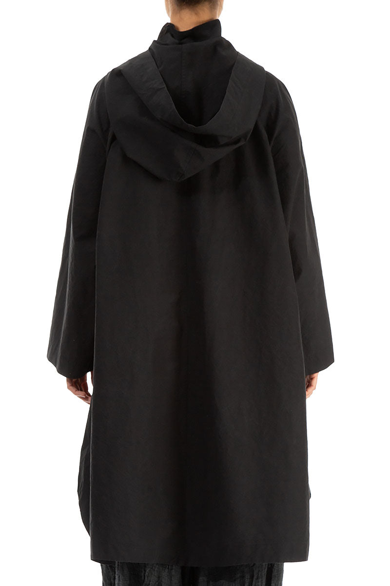 Hooded Oversized Black Cotton Coat