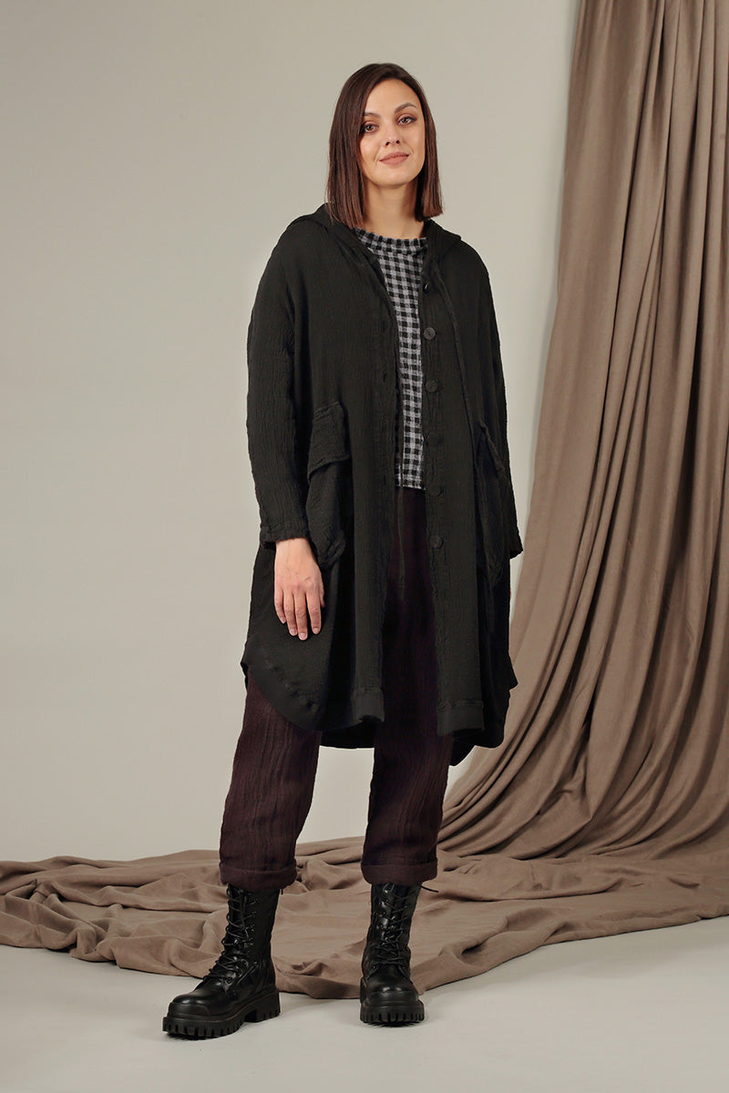 Hooded Oversized Black Linen Viscose Jacket