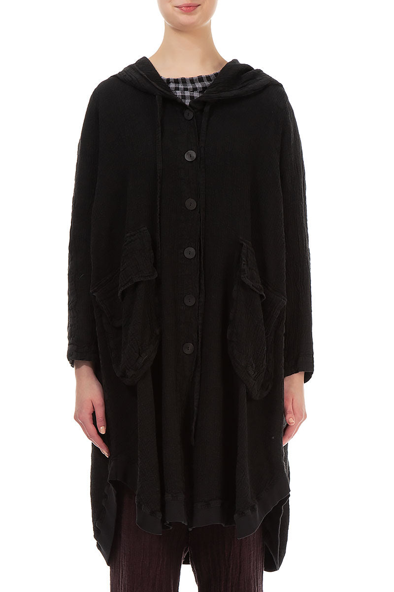 Hooded Oversized Black Linen Viscose Jacket