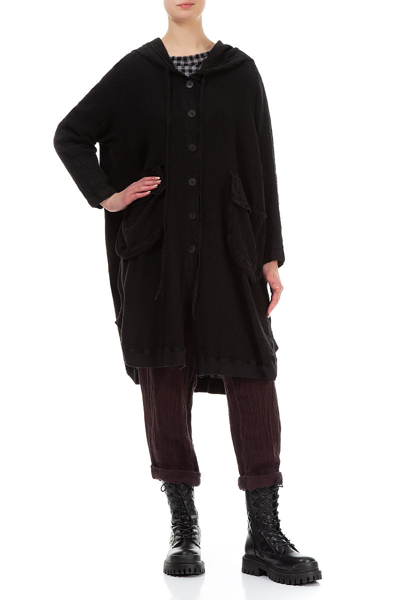 Hooded Oversized Black Linen Viscose Jacket