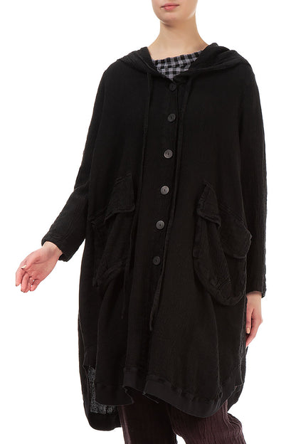 Hooded Oversized Black Linen Viscose Jacket