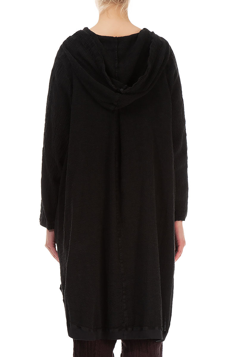 Hooded Oversized Black Linen Viscose Jacket