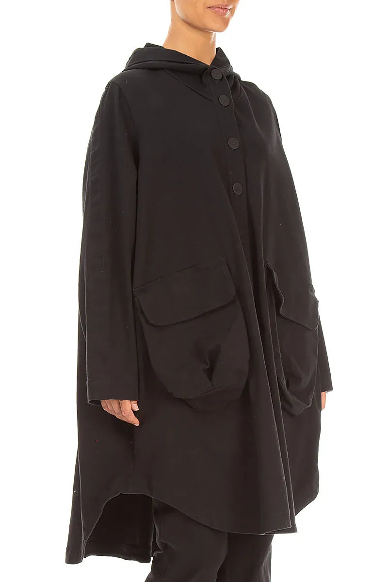 Hooded Black Stretch Cotton Coat