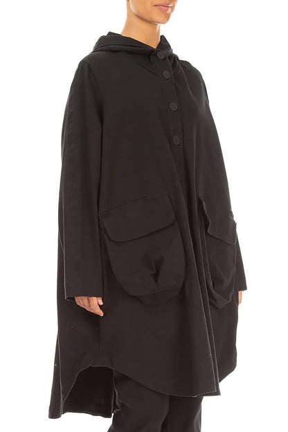 Hooded Black Stretch Cotton Coat