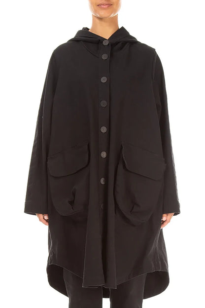 Hooded Black Stretch Cotton Coat