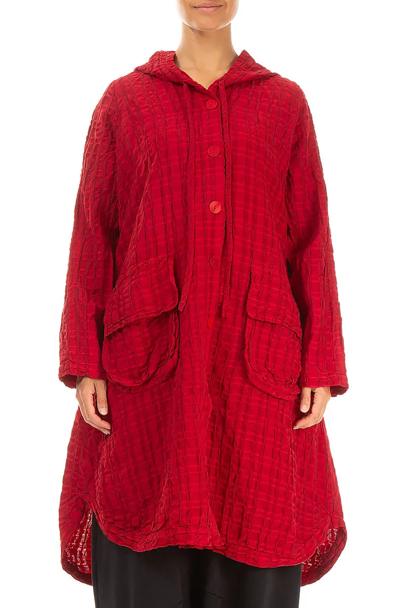 Hooded Oversized Cherry Red Checkered Linen Cotton Jacket 1