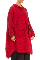 Hooded Oversized Cherry Red Checkered Linen Cotton Jacket 3