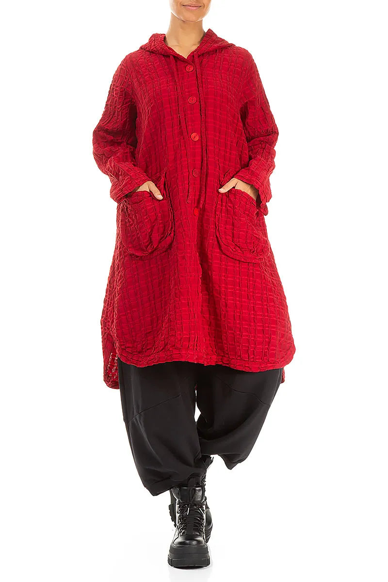 Hooded Oversized Cherry Red Checkered Linen Cotton Jacket 4