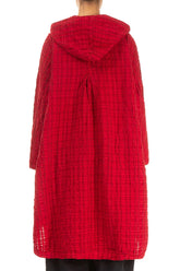 Hooded Oversized Cherry Red Checkered Linen Cotton Jacket 2