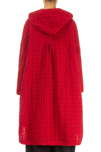 Hooded Oversized Cherry Red Checkered Linen Cotton Jacket 2