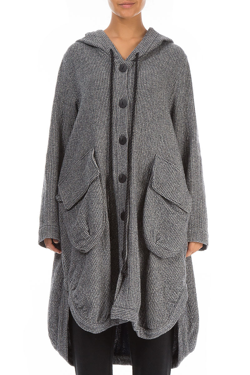 Hooded Oversized Grey Houndstooth Wool Jacket 1