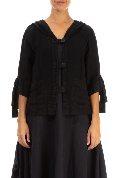 Hooded Short Black Linen Jacket 1