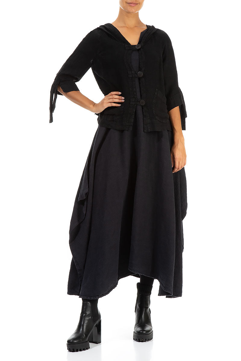 Hooded Short Black Linen Jacket 4