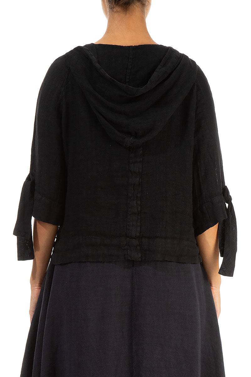 Hooded Short Black Linen Jacket 2