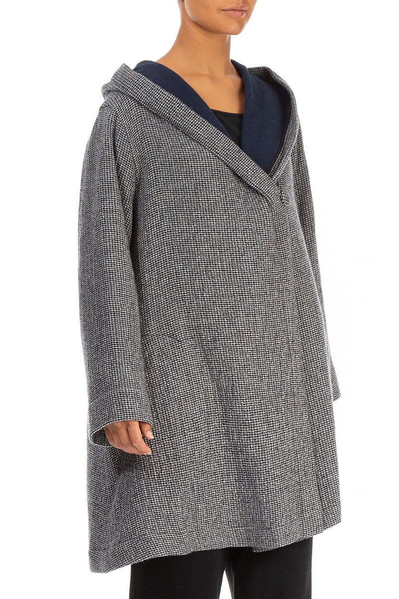Hooded Grey Houndstooth Wool Coat 3