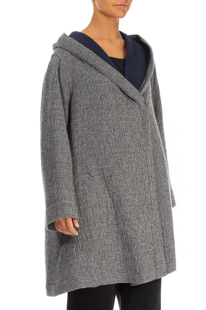 Hooded Grey Houndstooth Wool Coat 3