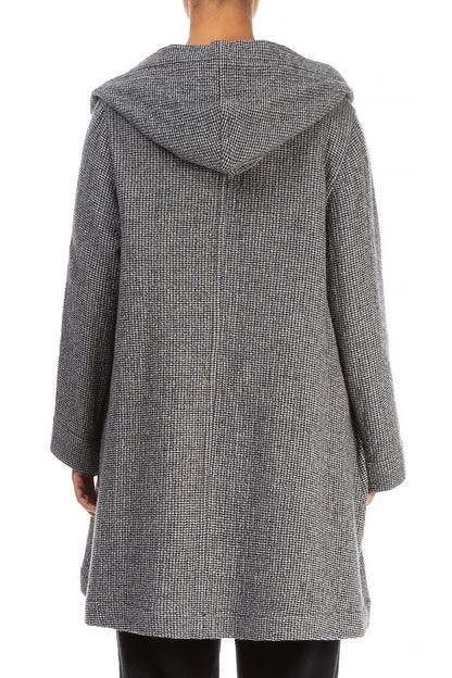 Hooded Grey Houndstooth Wool Coat 2