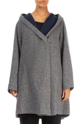 Hooded Grey Houndstooth Wool Coat 1