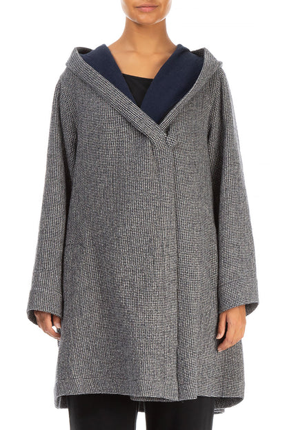 Hooded Grey Houndstooth Wool Coat 1
