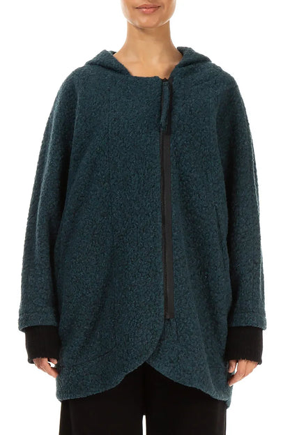 Hooded Teal Plush Wool Cotton Zip Jacket 2