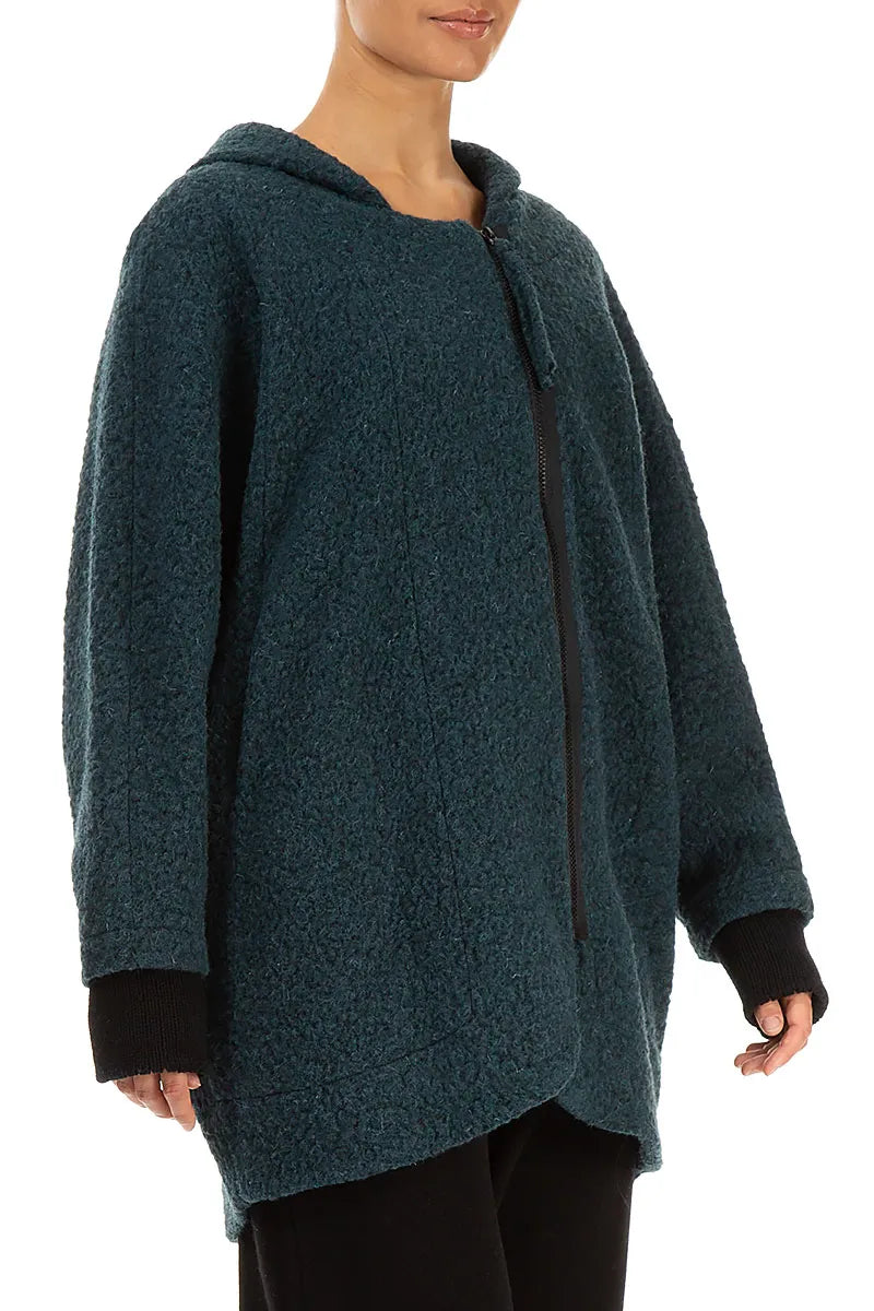 Hooded Teal Plush Wool Cotton Zip Jacket 4