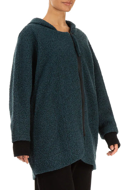 Hooded Teal Plush Wool Cotton Zip Jacket 4
