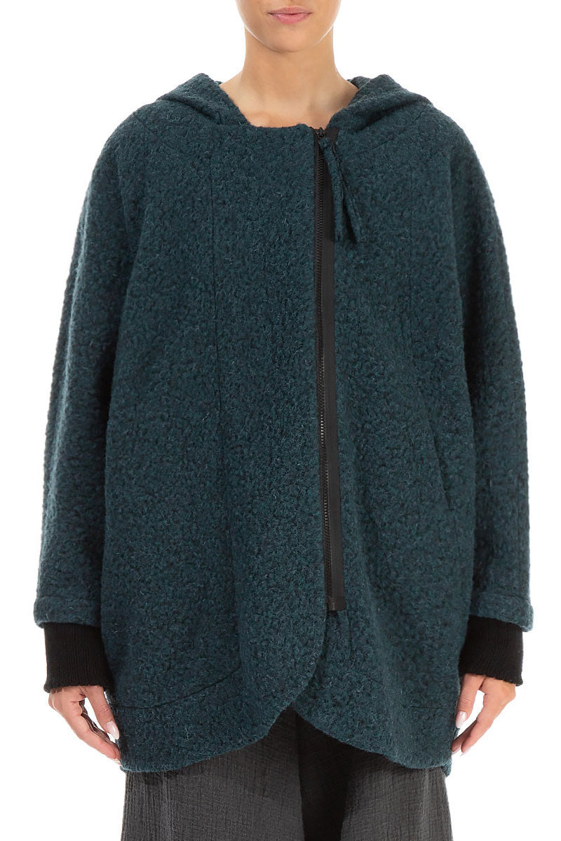 Hooded Teal Plush Wool Cotton Zip Jacket