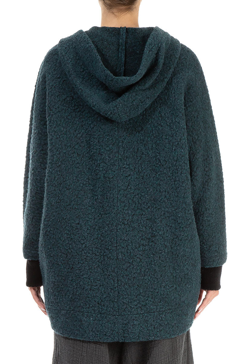 Hooded Teal Plush Wool Cotton Zip Jacket