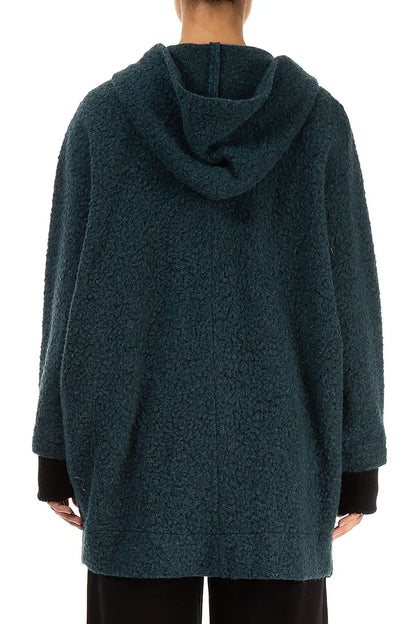 Hooded Teal Plush Wool Cotton Zip Jacket 3