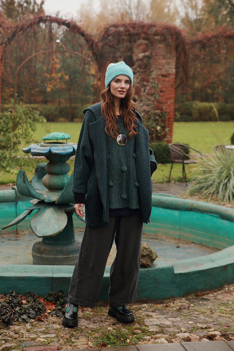 Hooded Teal Plush Wool Cotton Zip Jacket