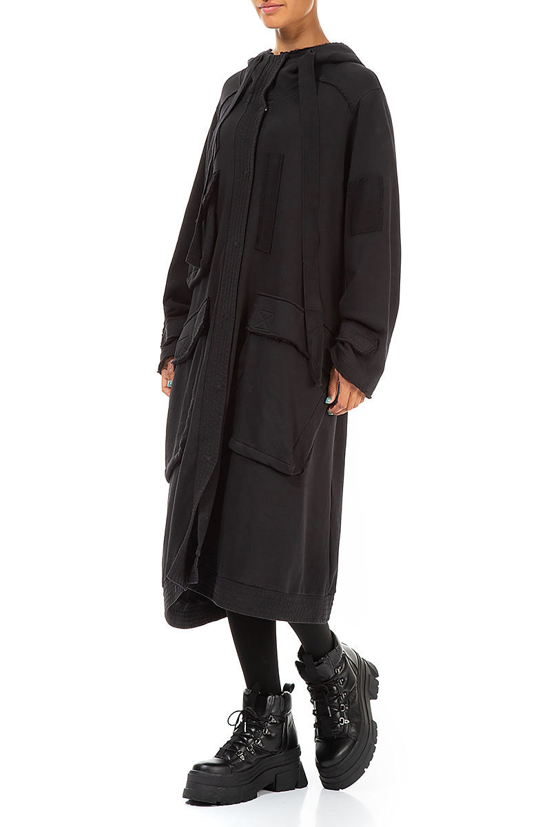 Hooded Three Pockets Black Cotton Jacket