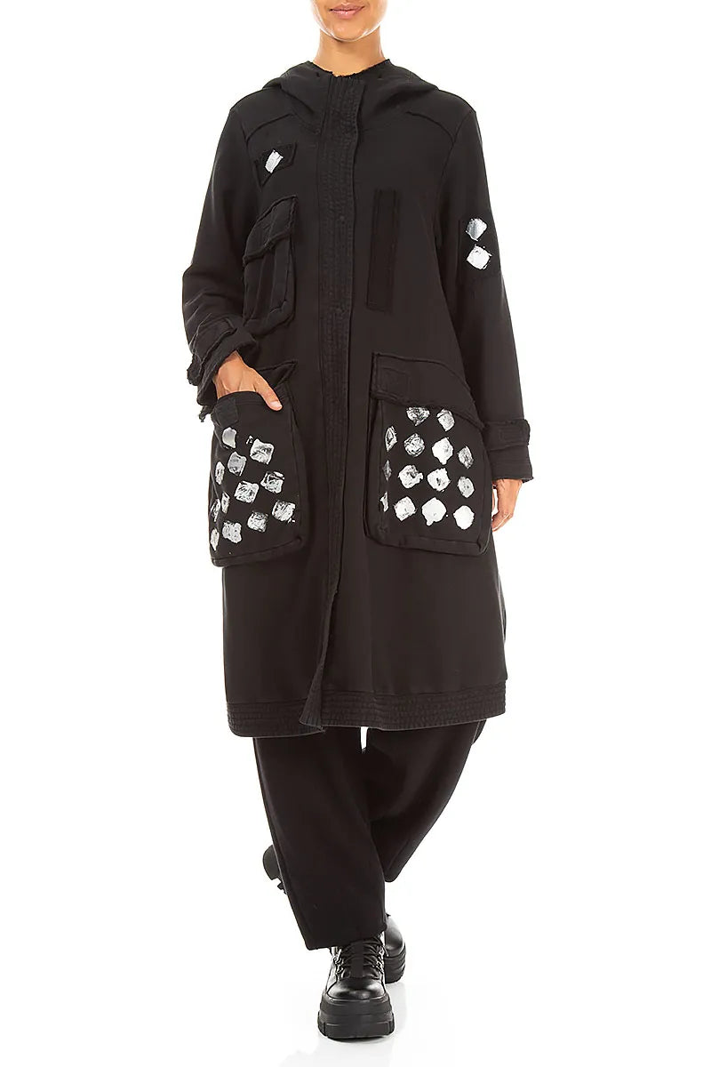 Hooded Three Pockets Black Silver Metallic French Terry Cotton Jacket 4
