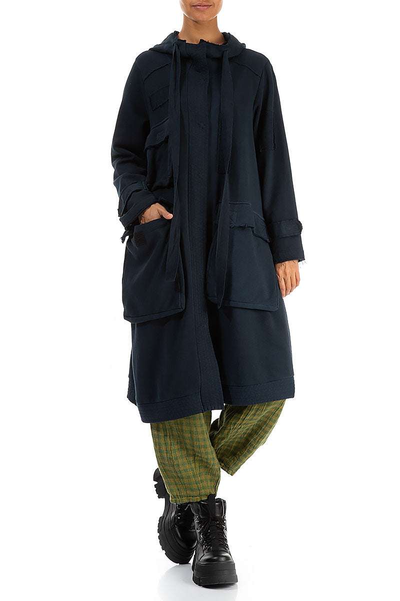 Hooded Three Pockets Midnight Blue Cotton Jacket