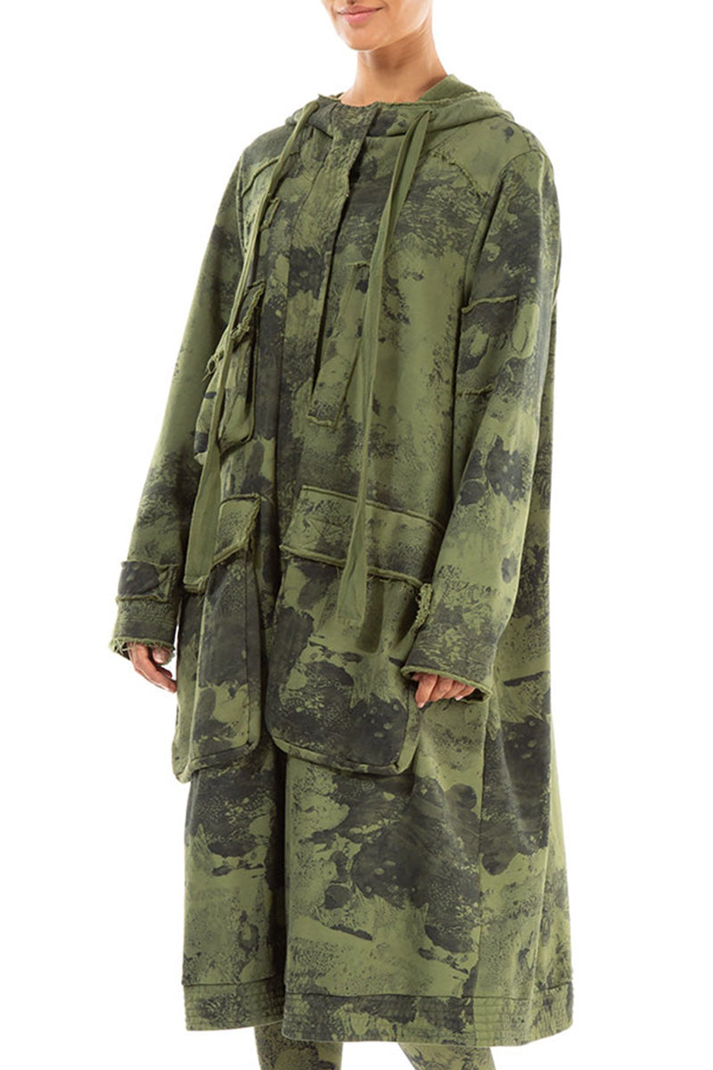 Hooded Three Pockets Olive Marble Cotton Jacket