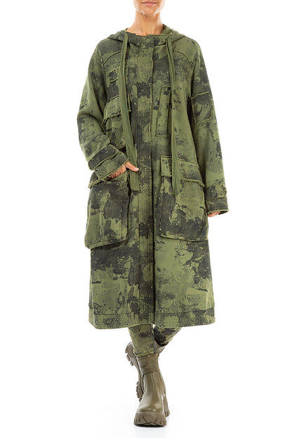 Hooded Three Pockets Olive Marble Cotton Jacket