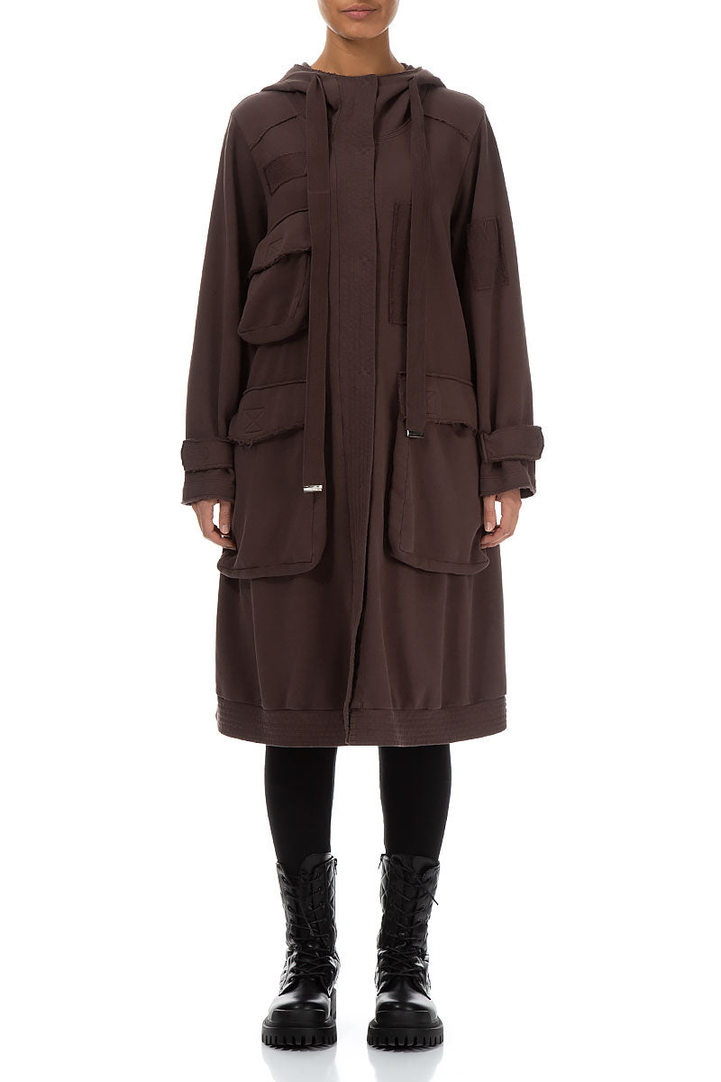 Hooded Three Pockets Pepper Brown Cotton Jacket