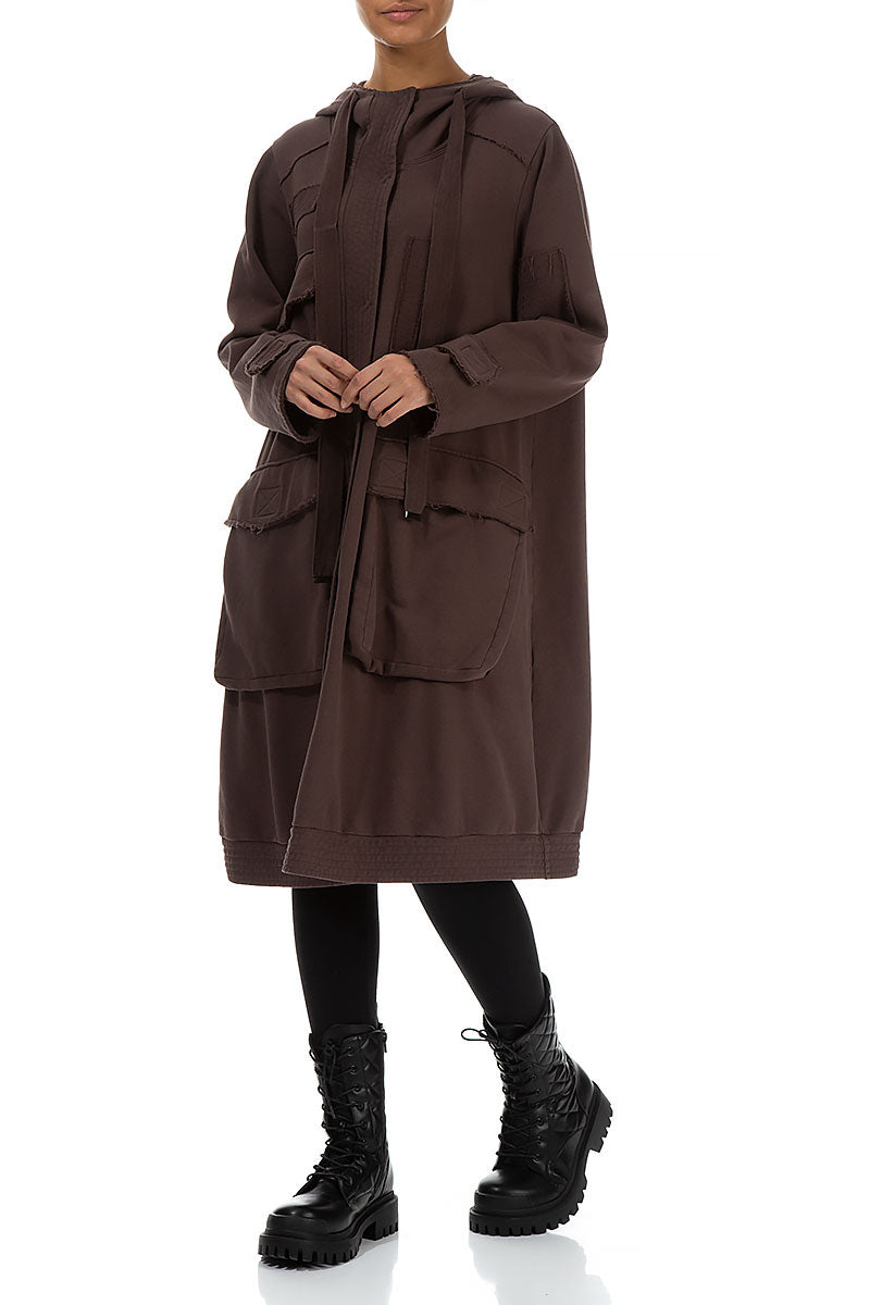 Hooded Three Pockets Pepper Brown Cotton Jacket 4